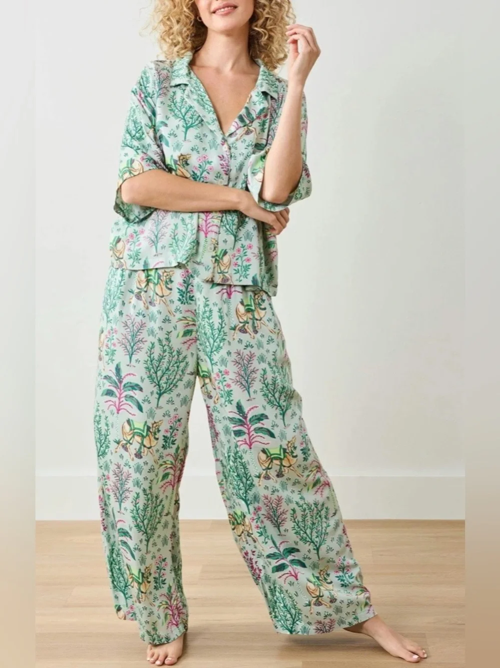 Printfresh Eco Satin Wildest Dreams Pajama Set in Camel'ss Courtyard Print
